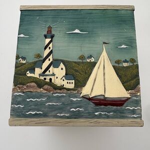 Vintage Warren Kimball Nautical Tissue Box Holder with Lighthouse and Sailboat